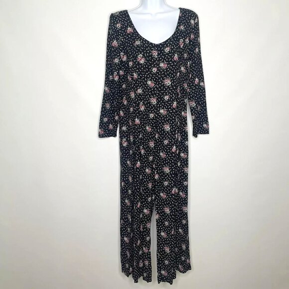 Vintage 80s EXPO Black Pink White Ditsy Floral Crop Wide Leg Jumpsuit - Picture 1 of 8